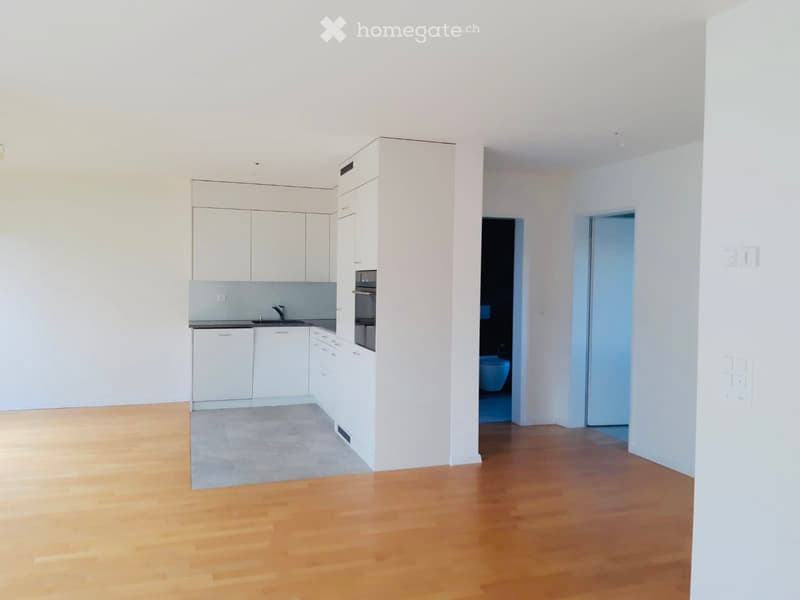 Open-plan unfurnished room with light wooden flooring, white cabinetry, and a visible bathroom area with a toilet.