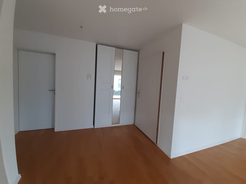 Empty room with wooden flooring, white walls, and a set of white sliding doors.
