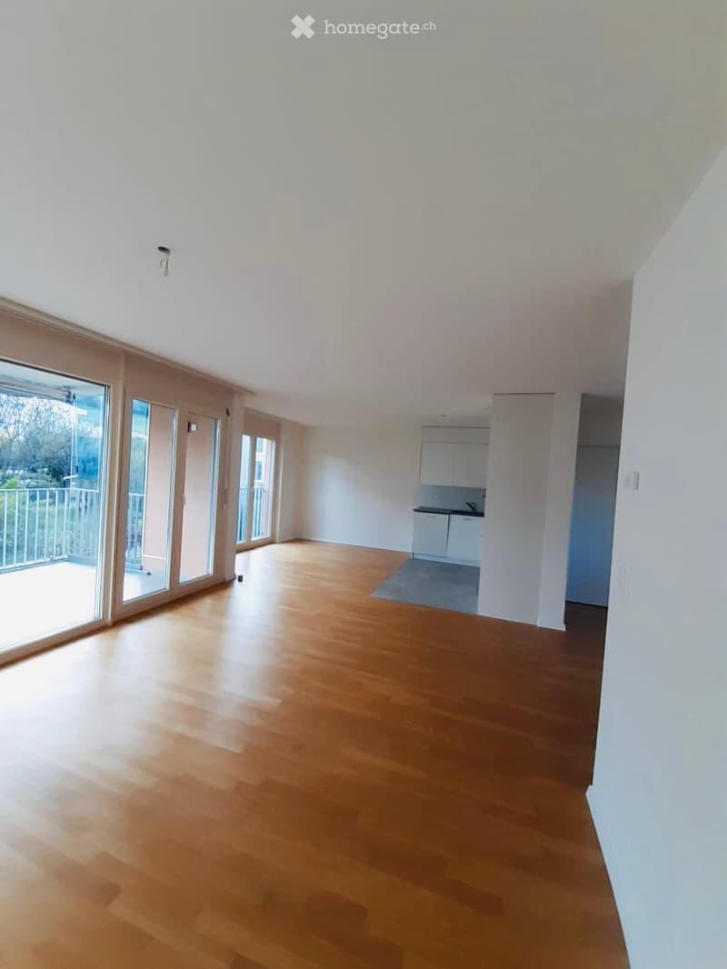 Empty room with wooden flooring, white walls, large sliding glass doors leading to a balcony, and a small kitchen area with white cabinets and a sink.