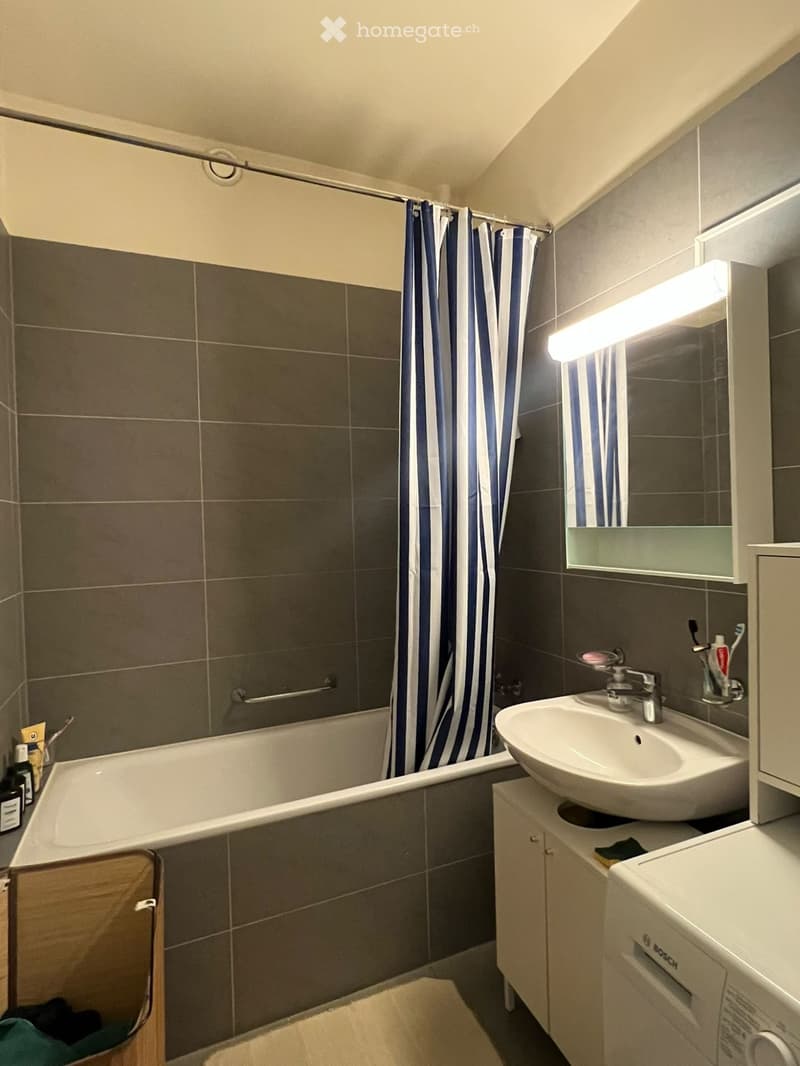 Modern bathroom with a bathtub, sink, mirror, and washing machine. Features a shower curtain, toothbrush holder, and a small cabinet.