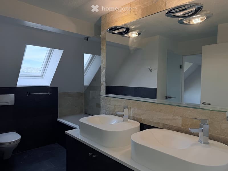 Modern bathroom with two white sinks, chrome faucets, a large mirror, a toilet, and a bathtub, featuring dark tiled walls and a skylight window.