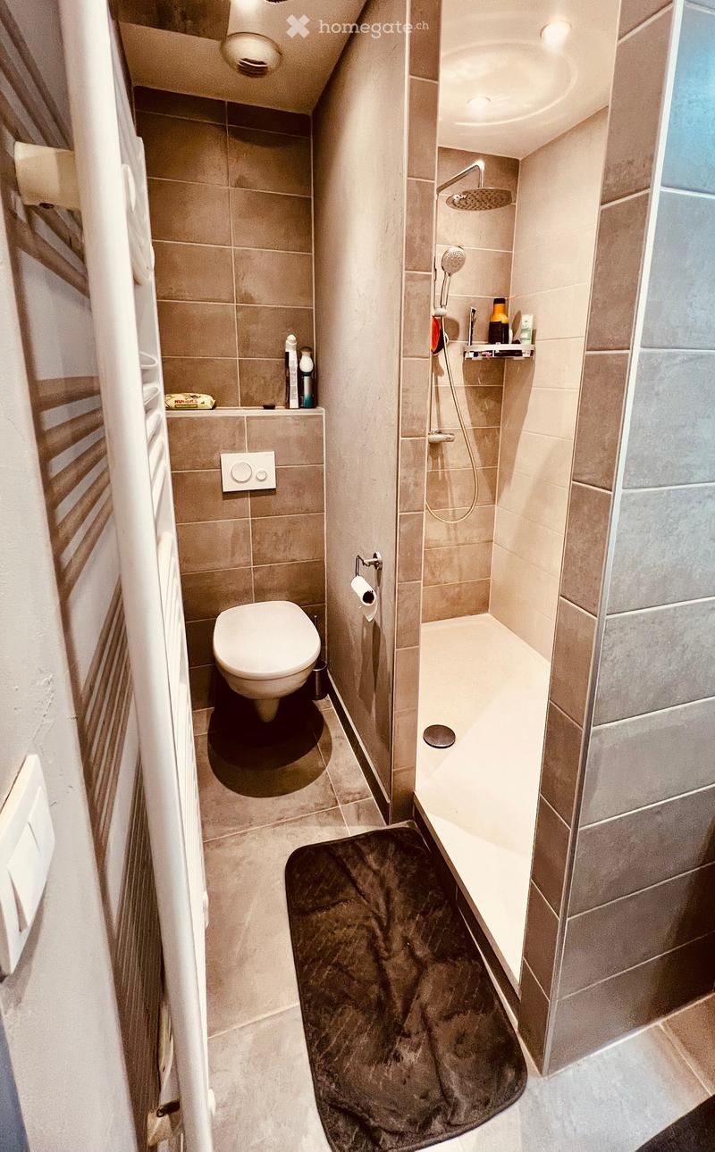 Modern bathroom with a toilet, shower, sink, and towel. The walls are tiled in beige, and the floor is also tiled. There is a small shelf with toiletries and a towel on the floor.