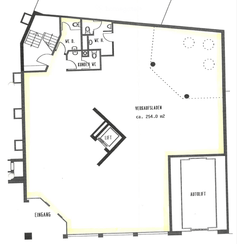 Floor plan of a commercial space with an entrance, sales area, lift, customer WC, staff WC, and autolift.