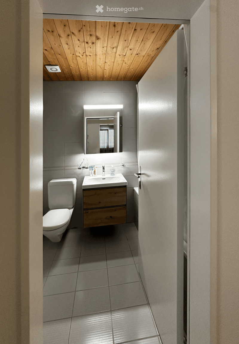 Modern bathroom with a toilet, sink, mirror, and wooden cabinet. Grey tiles and a wooden ceiling.