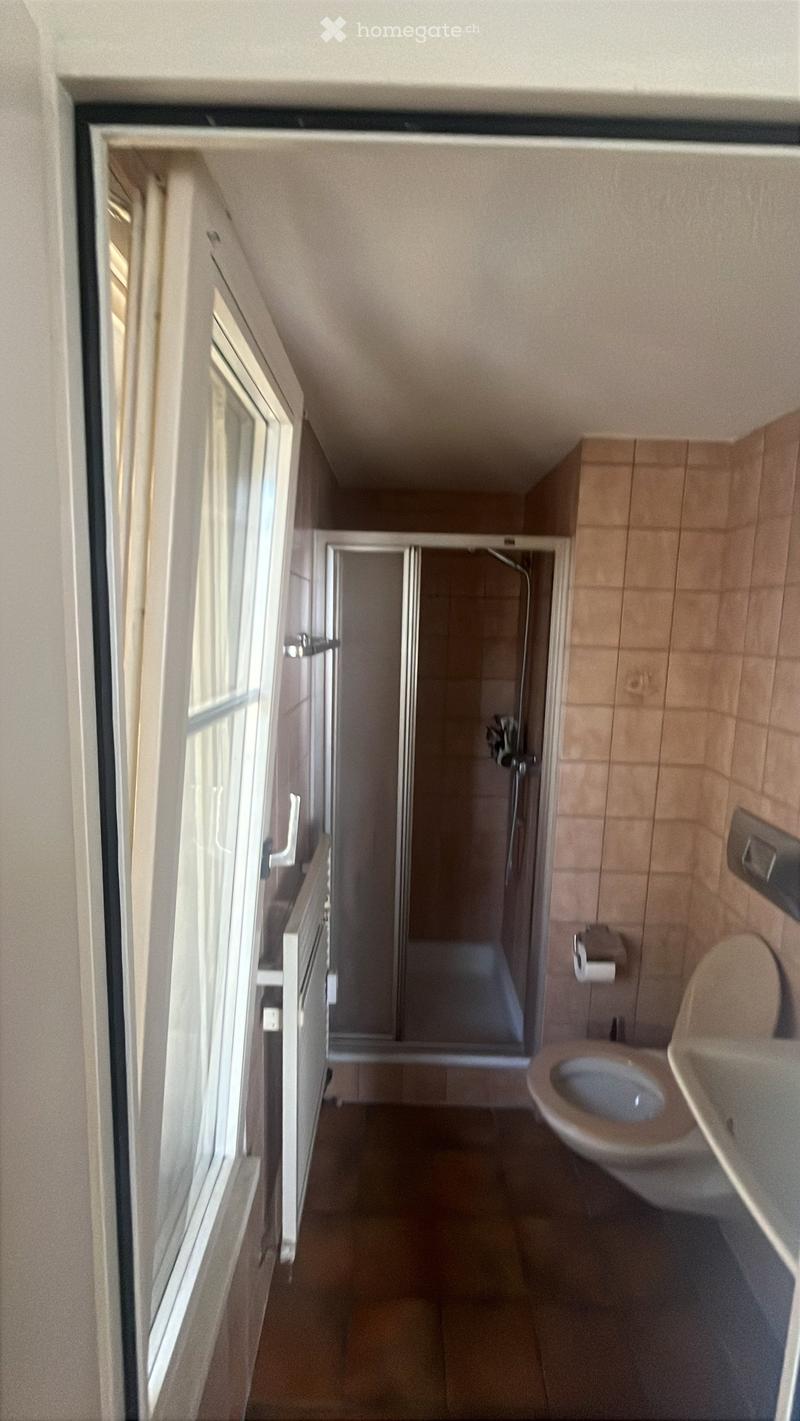 Bathroom with a toilet, sink, and shower stall visible through an open doorway. Light-colored tiles and a window provide natural light.
