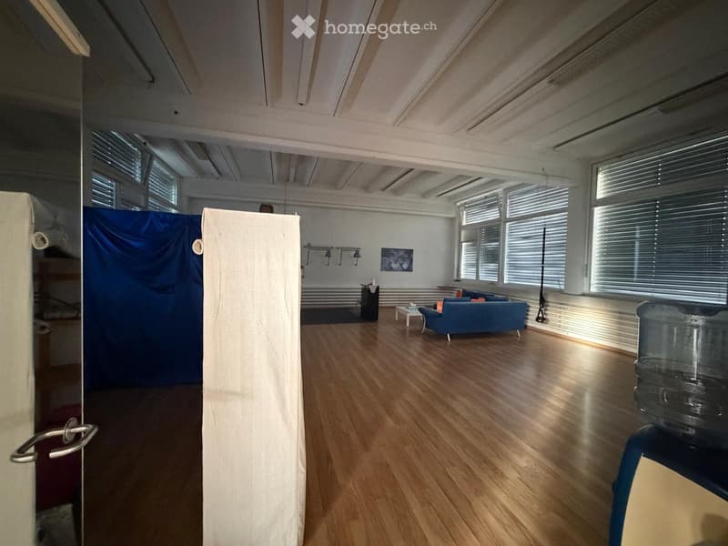 Bright living room with wooden flooring, large windows with blinds, a blue sofa, a small coffee table, and shelves with decorative items.
