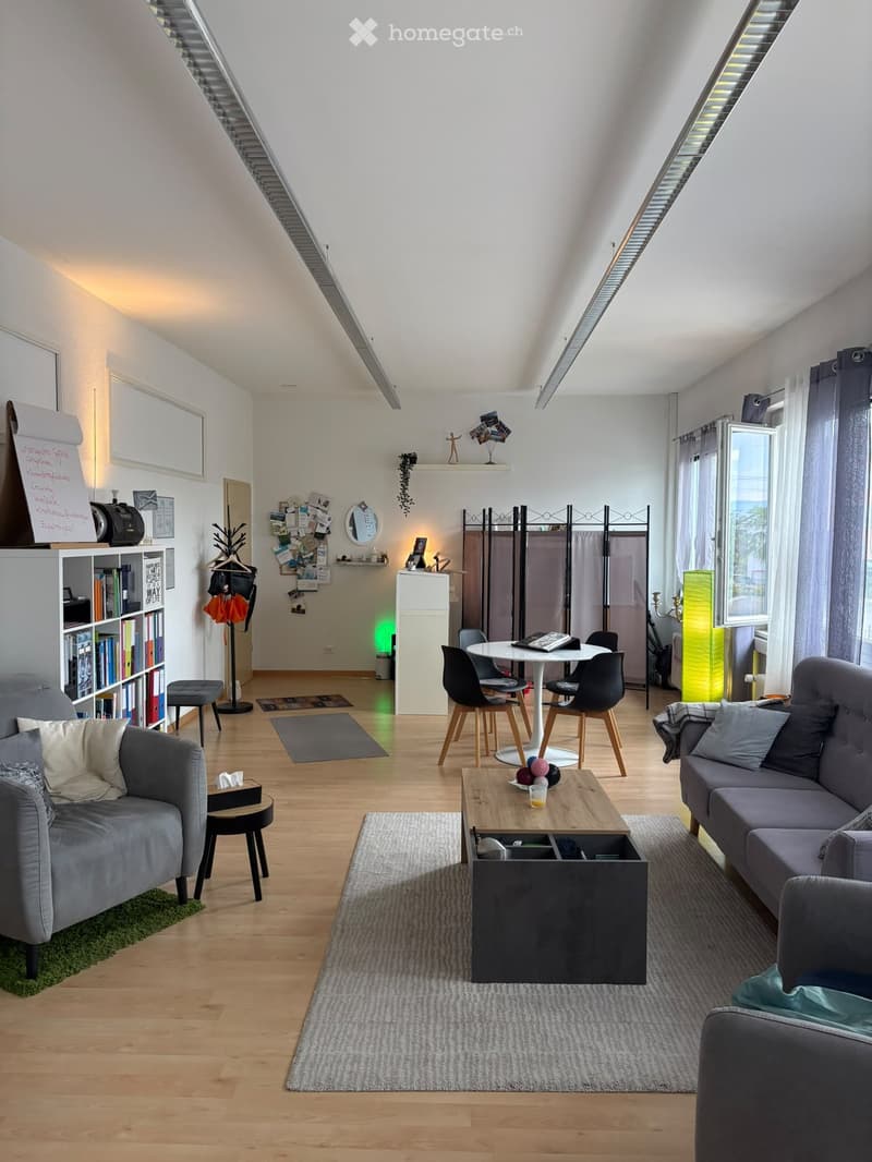 Modern living room with wooden flooring, two sofas, coffee table, dining table with chairs, bookshelf, and decorative items.