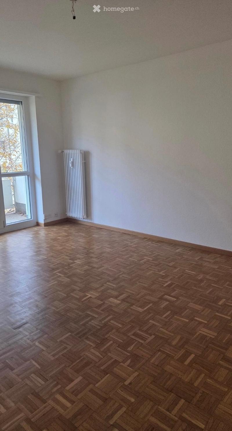 Empty room with wooden herringbone flooring, white walls, and a radiator. A large window with a view of greenery is visible on the left side.