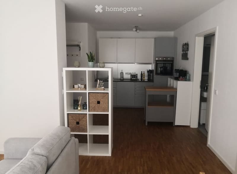 A modern, open-plan living and dining area with a grey sofa, white shelving unit, grey kitchen cabinets, and a wooden dining table.