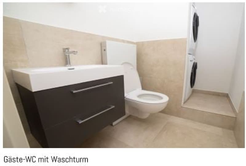 Modern bathroom with a white sink, dark cabinet, toilet, and a washing machine in the corner.