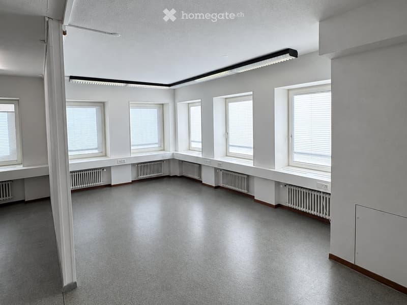 Empty room with white walls, grey carpeted floor, multiple windows with blinds, radiators, and fluorescent lighting.