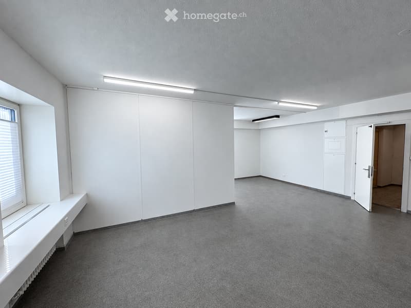 Empty room with white walls, grey carpeted floor, and built-in white cabinetry. Features a window with blinds and a door leading to another room.