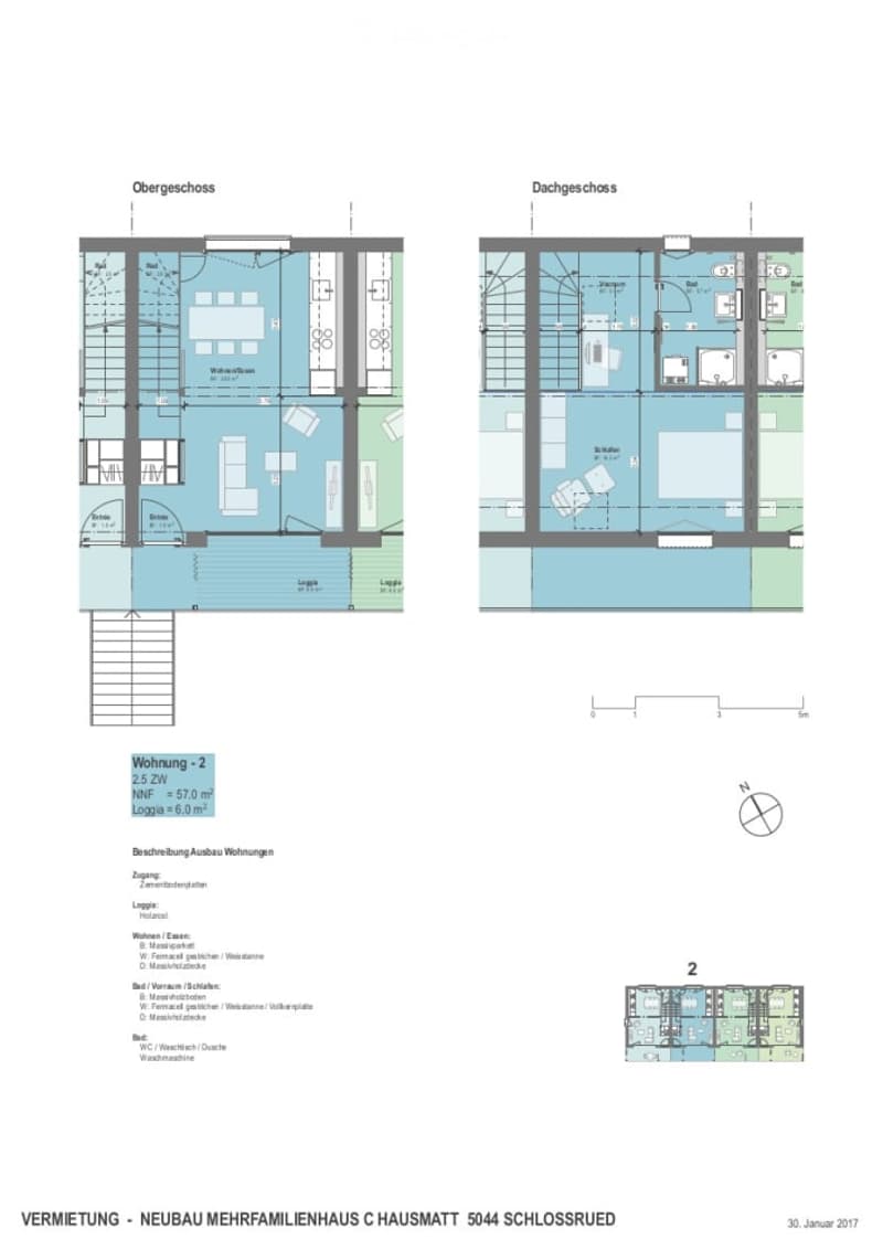 Floor plan of a 2.5-room apartment with57.0 m² net usable area, including living room, kitchen, bedroom, bathroom, and balcony.