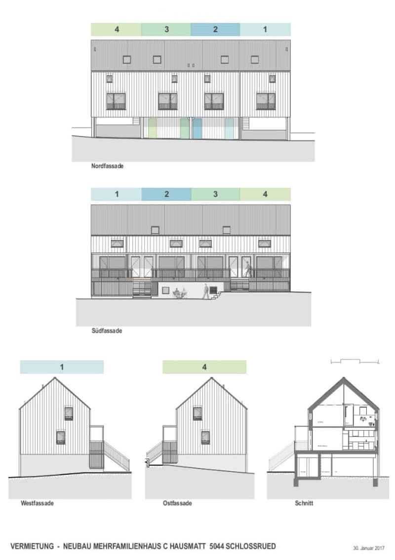 Floor plan of a multi-family house with four units, showing north, south, west, and east facades, as well as a cross-section view.