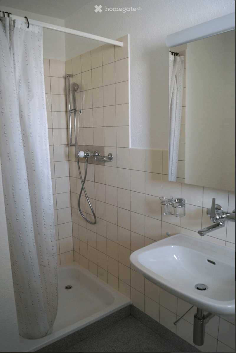 Bathroom with a bathtub, shower hose, sink, and mirror. The walls are tiled, and a shower curtain is visible.