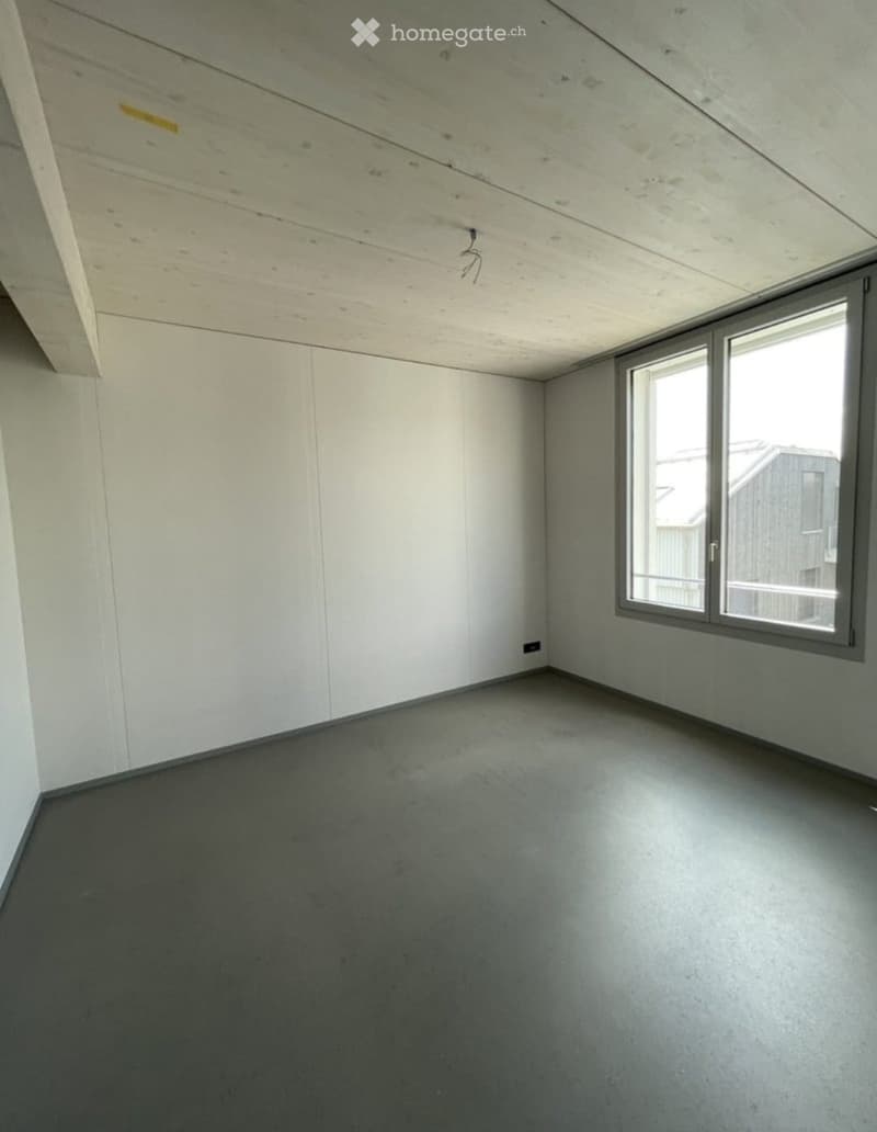 Empty room with white walls, dark grey concrete floor, and large window with multiple panes. The ceiling is made of light wood panels.