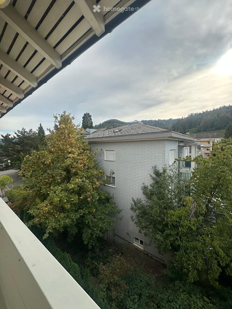 View from a balcony showing a neighboring house with grey siding, surrounded by trees and greenery.