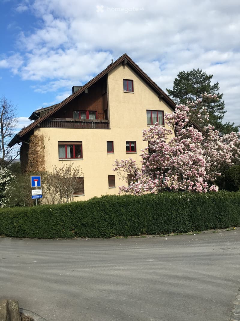 Two-story house with beige walls, red-framed windows, and a wooden balcony on the upper level. The house is surrounded by a neatly trimmed hedge and blooming pink magnolia trees.