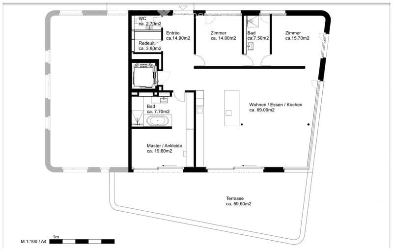 Floor plan showing a layout with a living/dining/kitchen area, master bedroom, two bathrooms, two additional rooms, a hallway, and a terrace.