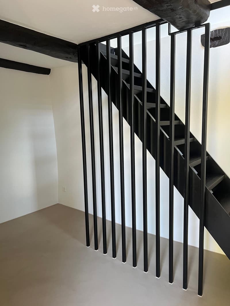 Modern hallway with a sleek black metal staircase featuring vertical bars and a glass railing, light-colored walls, and a neutral-toned carpeted floor.