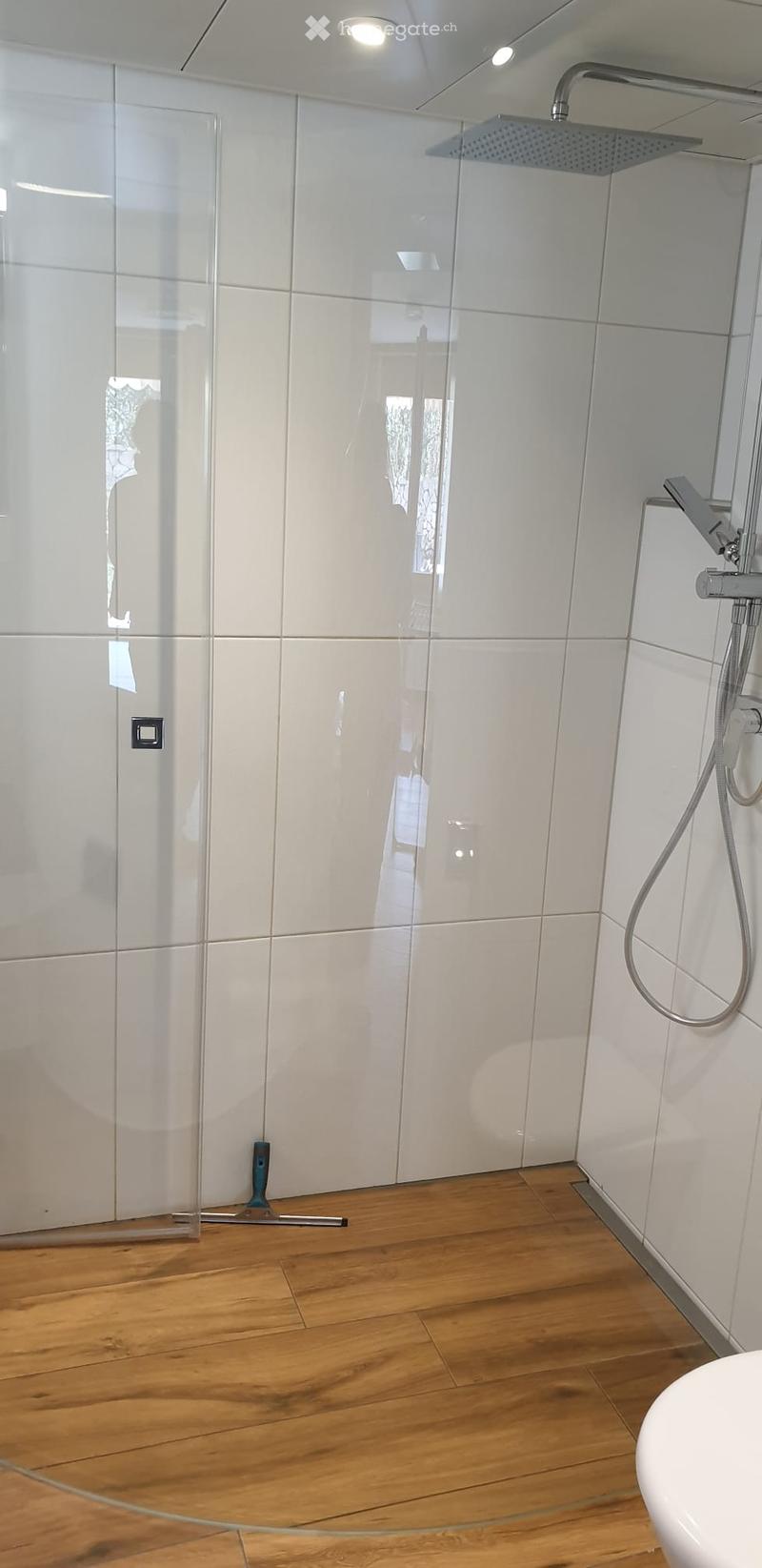 Modern bathroom with white tiled walls, wooden floor, glass shower enclosure, and a handheld showerhead.