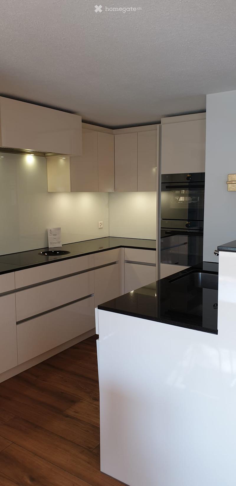 Modern kitchen with light-colored cabinets, black countertop, and built-in oven. Wooden flooring and sleek design.