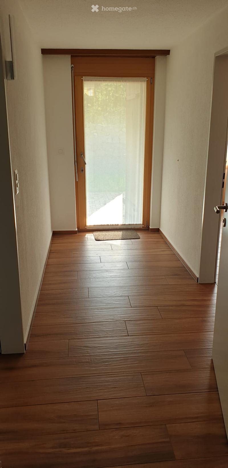 Empty hallway with wooden flooring, light-colored walls, and a small rug near a glass door leading outside.