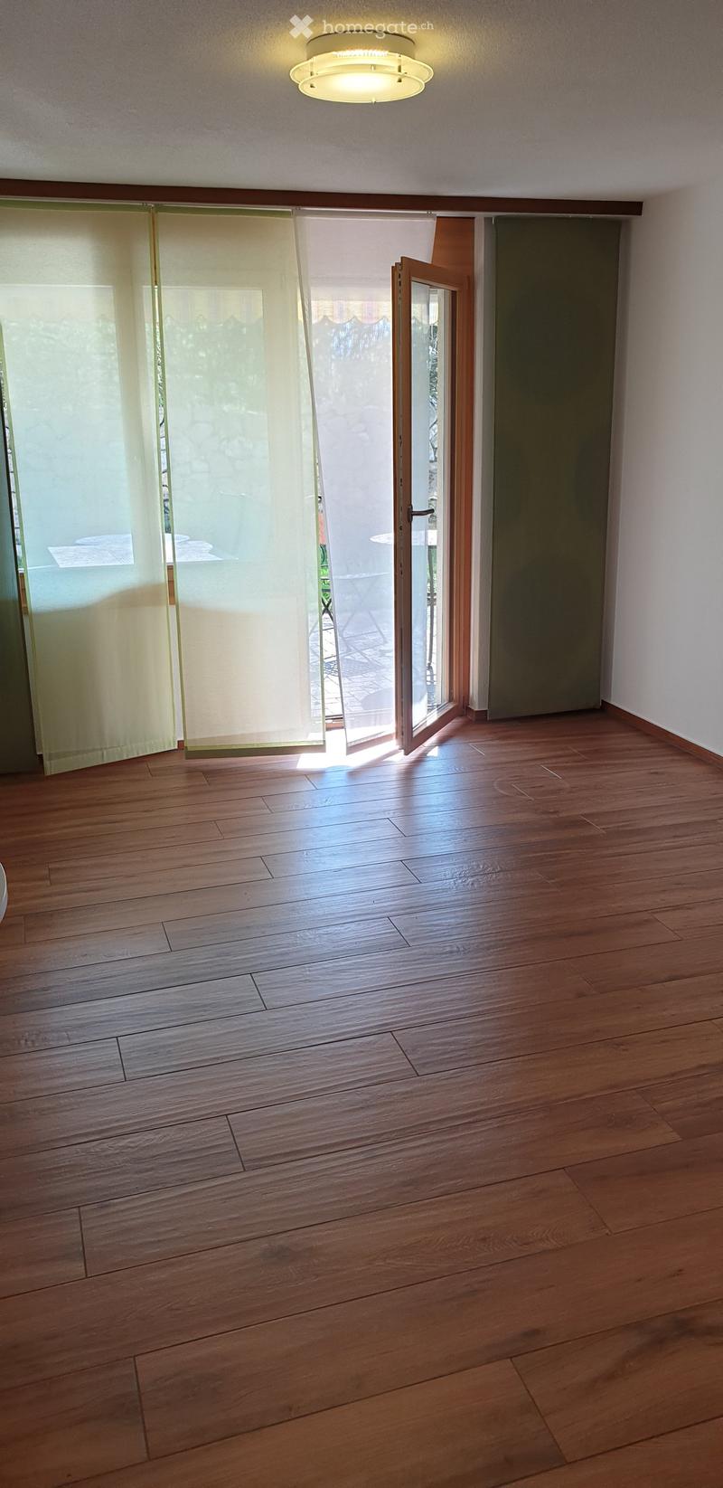 Empty room with wooden flooring, large sliding glass doors leading to an outdoor area, and a ceiling light fixture.