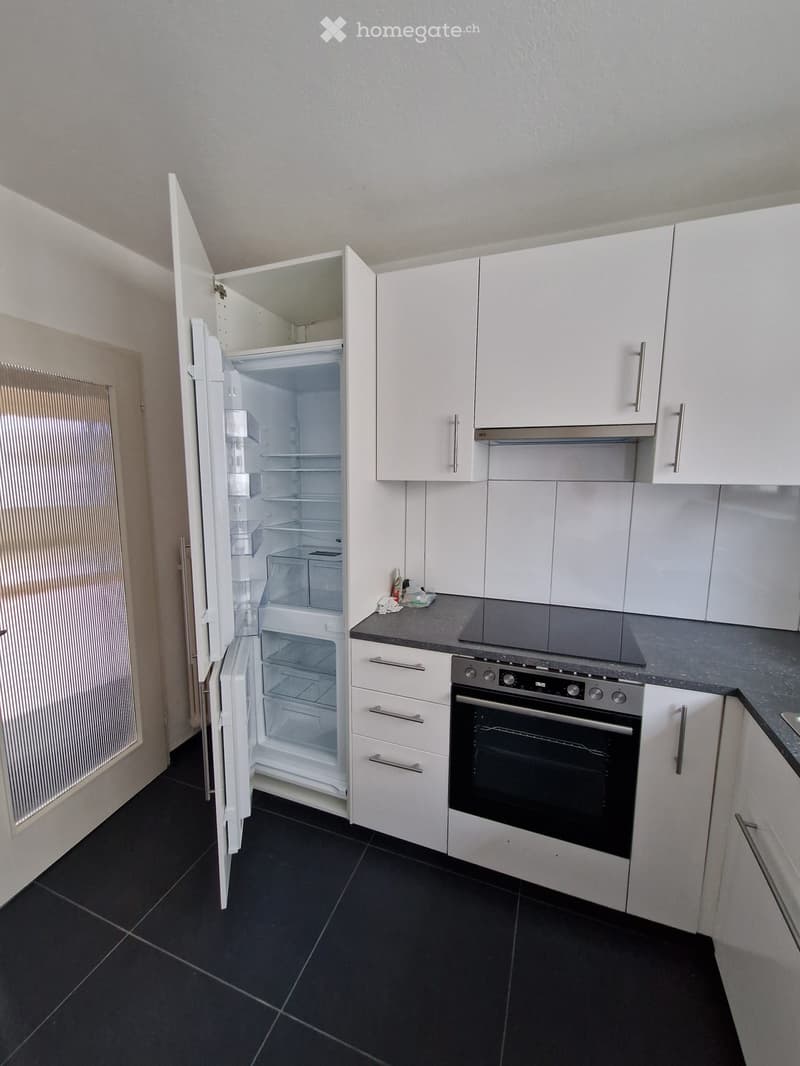 Open refrigerator, black induction hob, built-in oven, white cabinetry, black tiled floor, open cabinet
