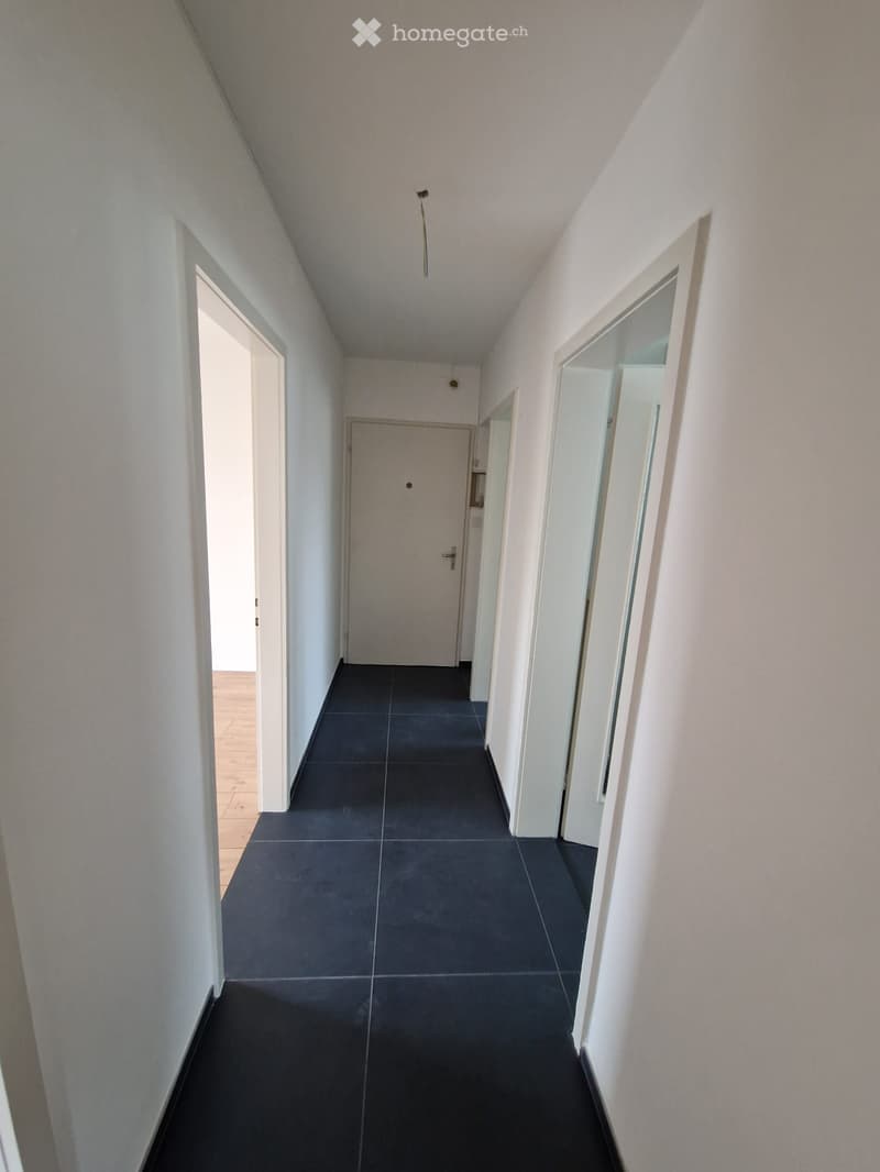 empty hallway, white walls, tile floor, 4 doors