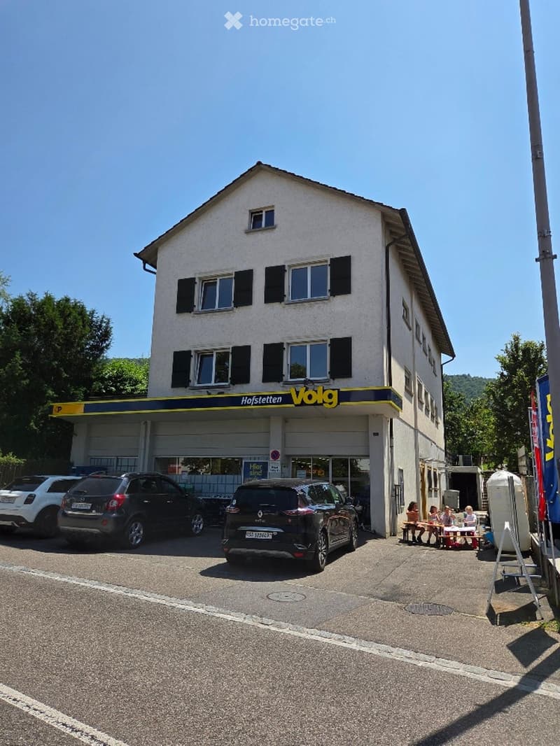 A building with the name 'Hofstetten/Vog' written on it, has 5 cars parked in front, a group of people sitting at a table, a tree, and a white structure