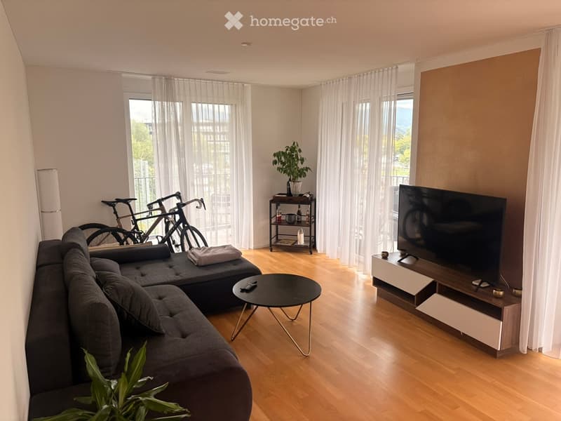 Modern living room with a grey sectional sofa, black coffee table, flat-screen TV on a wooden stand, and bicycles near the window.