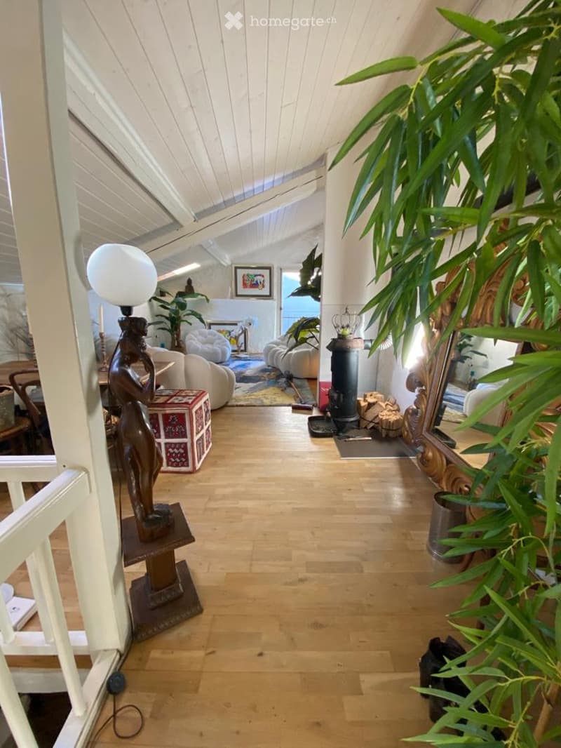 Bright, airy living space with wooden floors, white paneled ceiling, fireplace, large plants, and decorative items including a lamp and mirror.