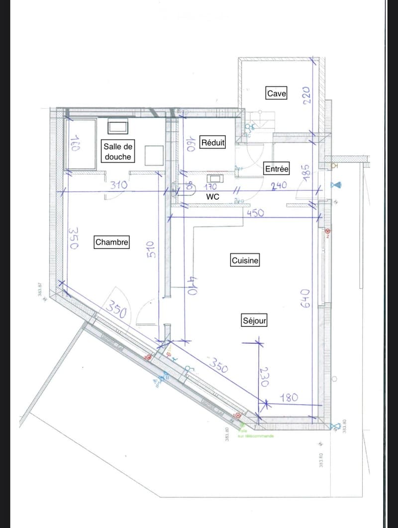 Floor plan showing a living room, kitchen, bedroom, bathroom, WC, entrance, and a cave.
