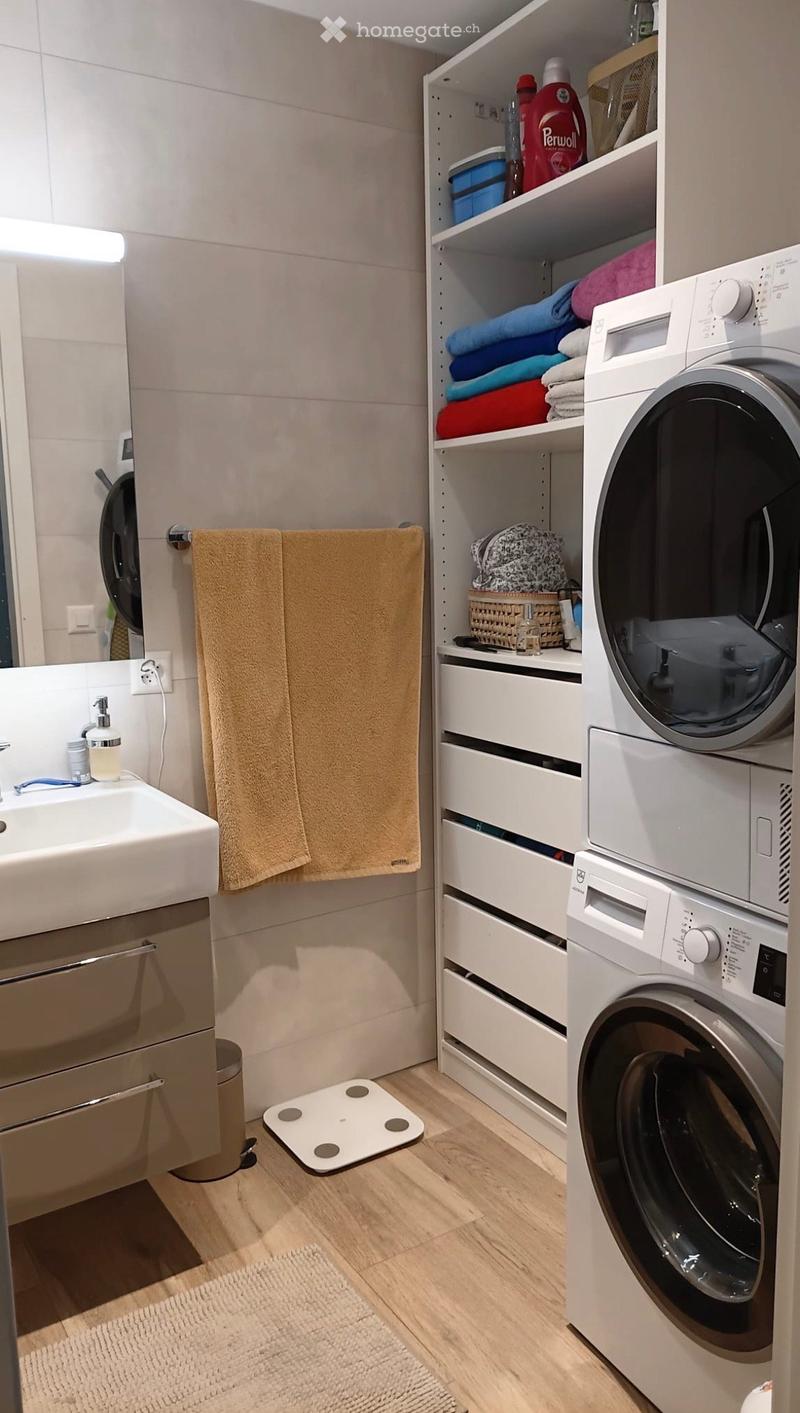 Bathroom with a sink, washing machine, washing dryer, shelves with towels and cleaning supplies, and a weight scale on the floor.