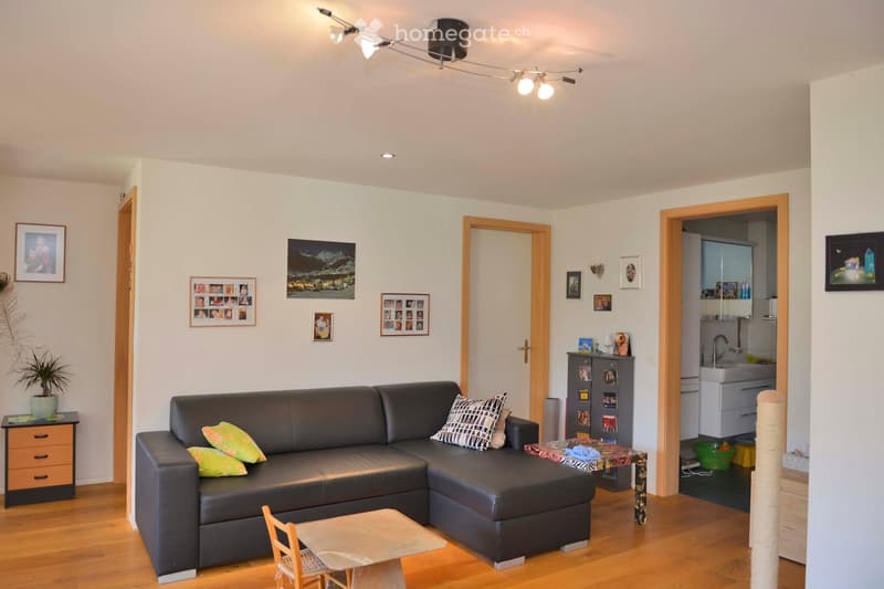 Modern living room with a black leather sectional sofa, green throw pillows, a glass coffee table, a wooden side table with a plant, and framed pictures on the wall. A small kitchen area is visible through an open doorway with white cabinets and a sink.