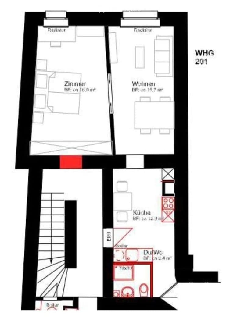 Floor plan of a residential unit labeled WHG 201, featuring a living room, bedroom, kitchen, and bathroom.