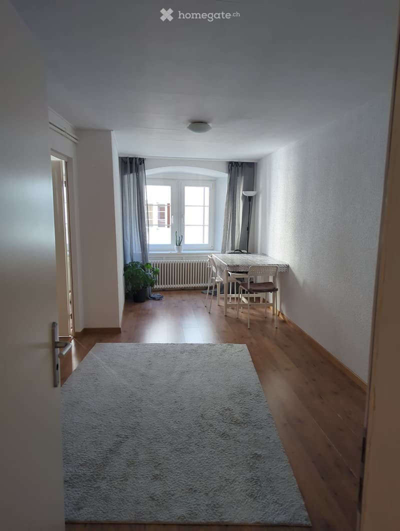 A small, well-lit room with wooden flooring, a large white shag rug, a small dining table with chairs, a potted plant, and a window with curtains.
