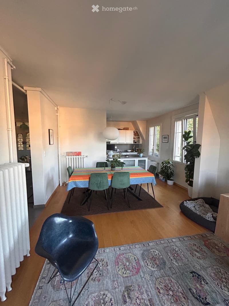 Dining area with a colorful tablecloth, six chairs, and a modern chair on a patterned rug. Adjacent kitchen area with white cabinets, sink, and plants. Radiators and picture frames on walls.