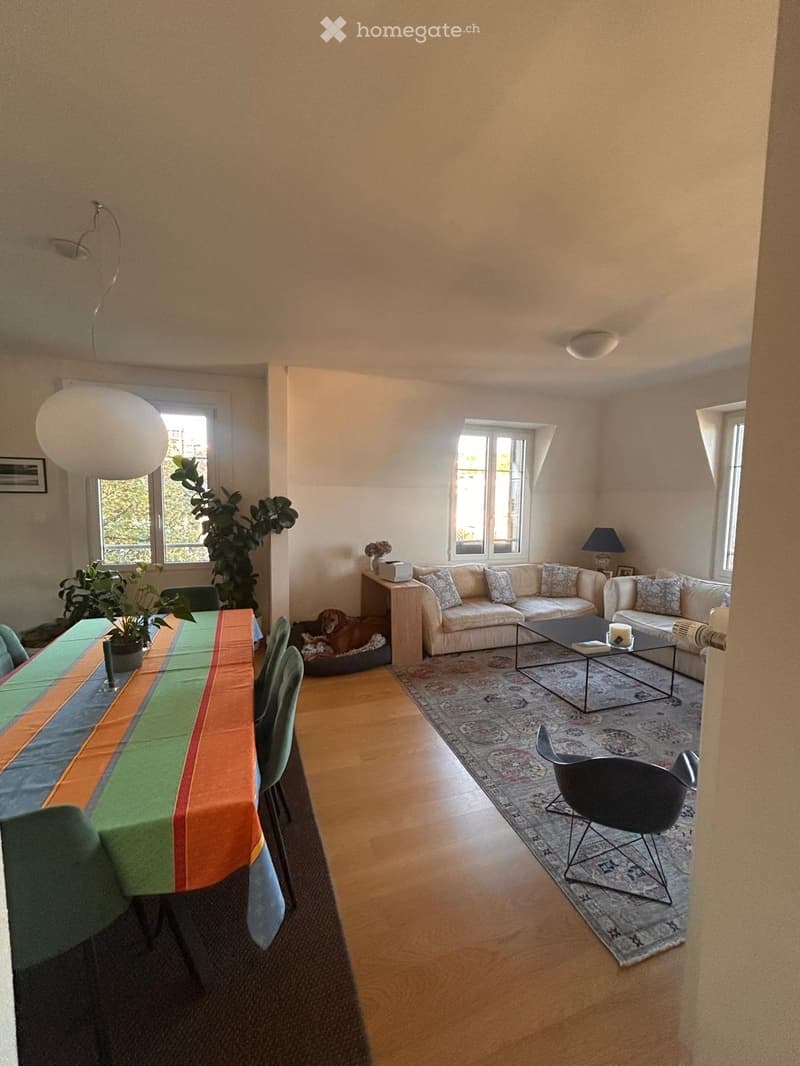 Living room with a sofa, coffee table, dining table, chairs, and a dog bed. Large windows and a plant near the window.