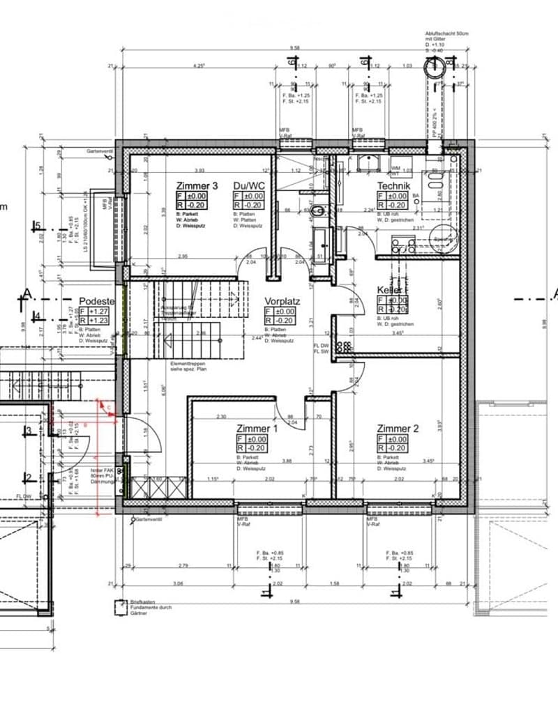 Floor plan of a residential building showing multiple rooms including living spaces, bedrooms, bathrooms, and technical areas.