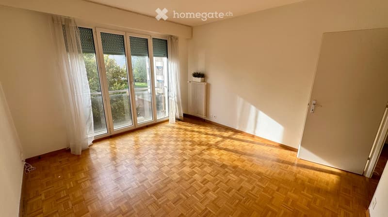 Empty room with wooden herringbone flooring, large glass sliding doors leading to a balcony, white walls, and a radiator. No furniture or personal items are present.