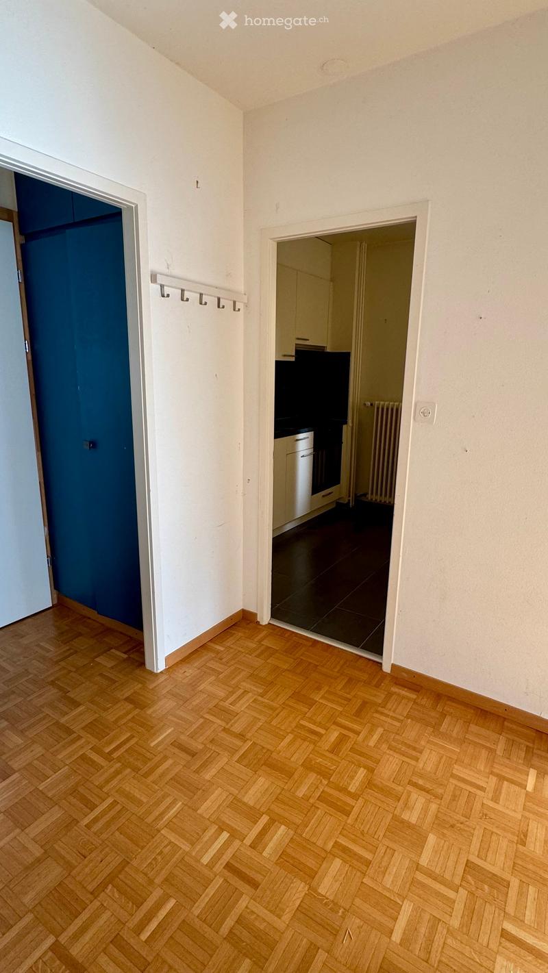 A narrow hallway with wooden herringbone flooring, white walls, and a coat rack on the left. An open doorway leads to a kitchen area with dark tiles and white cabinets.