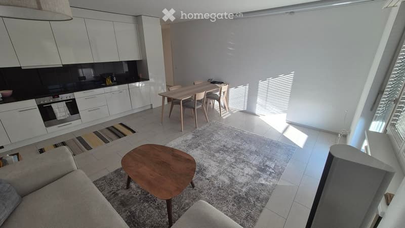 Open-plan living and dining area with modern white kitchen cabinets, a grey sofa, a wooden coffee table, and a dining table with chairs. The space features large windows allowing natural light to fill the room.