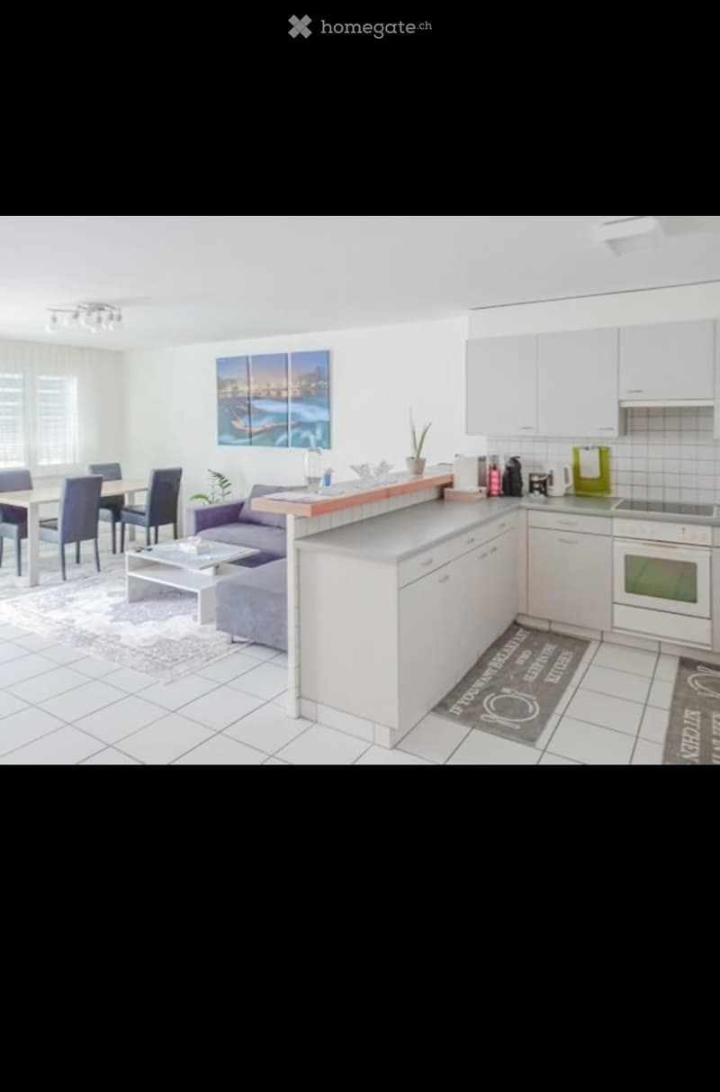 A modern, open-plan living and dining area with a kitchen. Features include a grey sofa, coffee table, dining table with chairs, kitchen cabinets, oven, stove, and a small plant on the counter.
