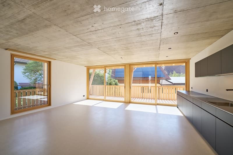 Open-plan space with large sliding glass doors leading to a balcony, modern kitchen cabinets, and a high, exposed wooden ceiling.