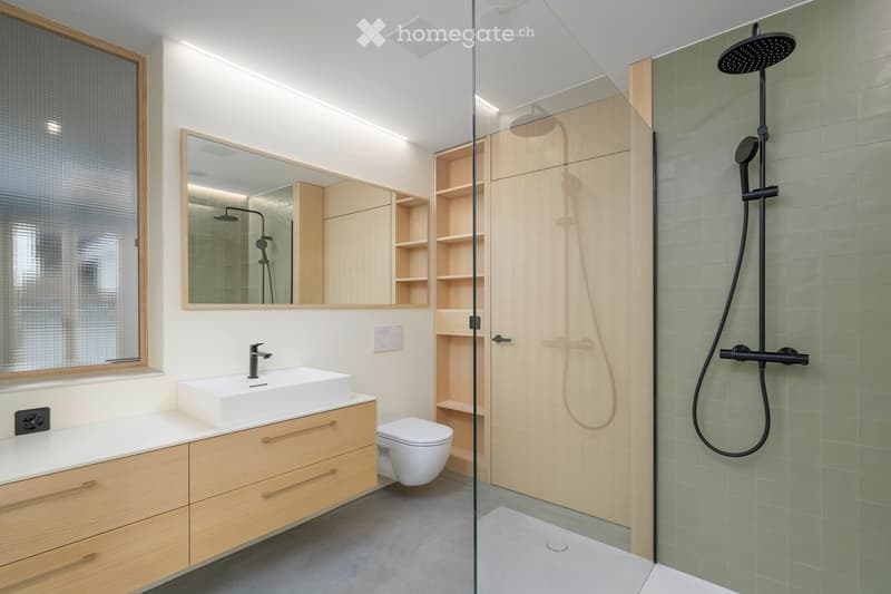 Bathroom with modern design, including a glass shower, white ceramic sink, wooden cabinets, white toilet, and two showerheads.