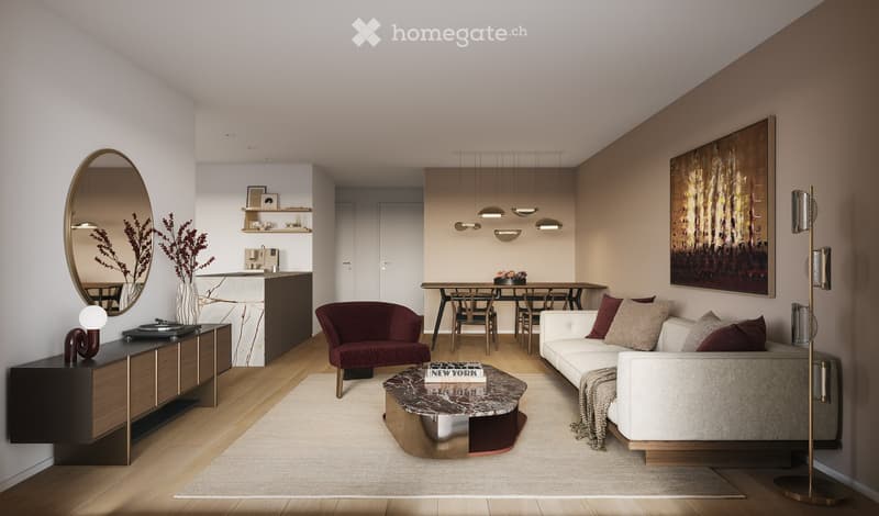 Modern living room with a white sofa, coffee table, dining area, and decorative elements like a large mirror and artwork.