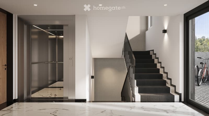Modern hallway with marble flooring, elevator, staircase, and large windows offering a view of greenery.