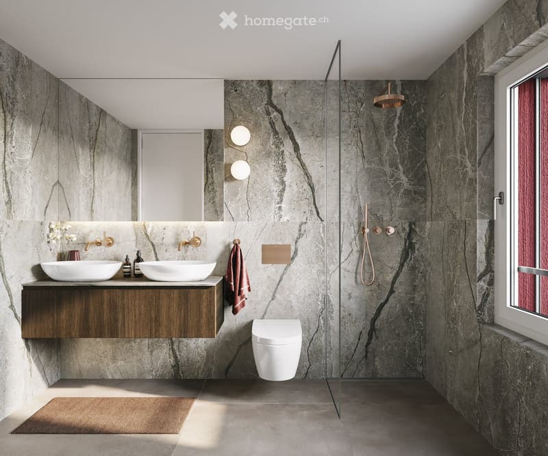 Modern bathroom with marble walls, double sink vanity, sleek shower area, and contemporary fixtures.
